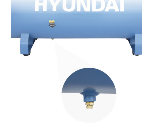 Hyundai Logo auf Kompressortank mit Detailansicht des Ablassventils für Kondenswasser.