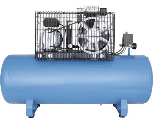 Kompressor mit blauem horizontalem Druckluftbehälter und Riemenantrieb.
