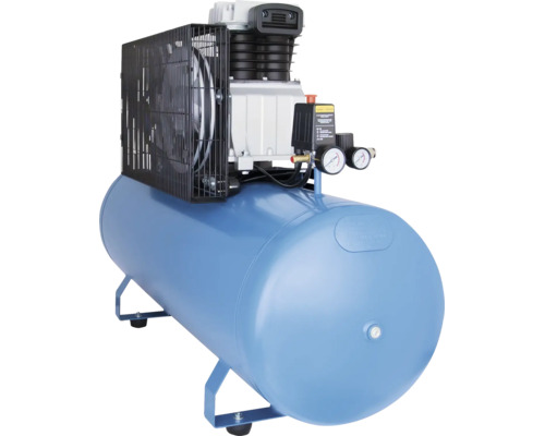 Druckluft-Kompressor mit horizontalem blauen Kessel, Manometern und Schutzgitter.