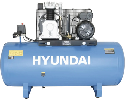 Hyundai Kompressor mit großem blauem Druckluftbehälter, Elektromotor und obenliegendem Zylinderaggregat.