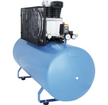 Blauer Druckluftkompressor mit horizontalem Tank, Motor mit Schutzgitter und zwei Manometern.