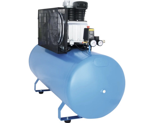 Blauer Druckluftkompressor mit horizontalem Tank, Motor mit Schutzgitter und zwei Manometern.