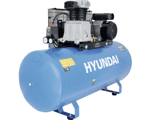 Blauer Hyundai Druckluftkompressor mit großem horizontalem Tank, Motor, Pumpe und Manometern.