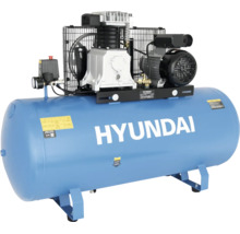 Hyundai Druckluftkompressor mit großem horizontalem Kessel und obenliegendem Motor.