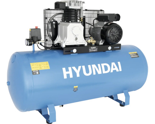 Hyundai Druckluftkompressor mit großem horizontalem Kessel und obenliegendem Motor.