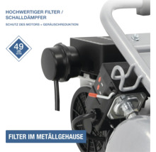 Detailaufnahme eines Kompressors mit hochwertigem Filter und Schalldämpfer im Metallgehäuse, Geräuschreduktion auf 49 Dezibel bei 7 Metern Abstand.