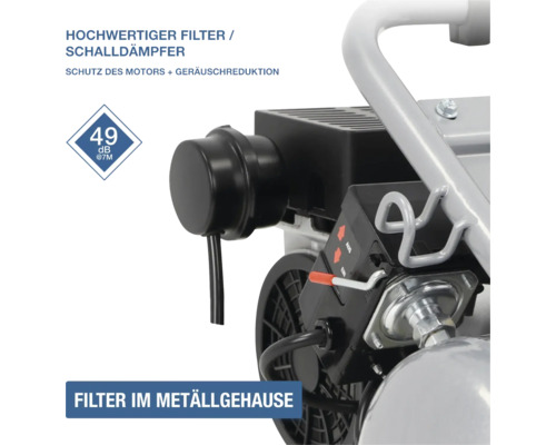 Detailaufnahme eines Kompressors mit hochwertigem Filter und Schalldämpfer im Metallgehäuse, Geräuschreduktion auf 49 Dezibel bei 7 Metern Abstand.