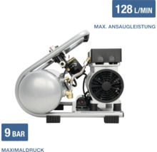 Kompakter Druckluftkompressor mit 9 Bar Maximaldruck und einer Ansaugleistung von 128 Litern pro Minute.