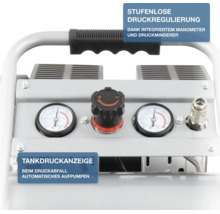 Kompressor-Bedienpanel mit zwei Manometern, stufenloser Druckregulierung und Tankdruckanzeige.