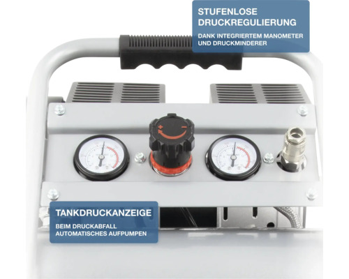 Kompressor-Bedienpanel mit zwei Manometern, stufenloser Druckregulierung und Tankdruckanzeige.