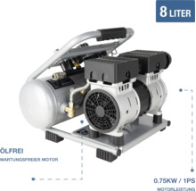 Ölfreier Kompressor mit 8 Liter Tankvolumen, wartungsfreiem Motor und einer Leistung von 0,75 Kilowatt.
