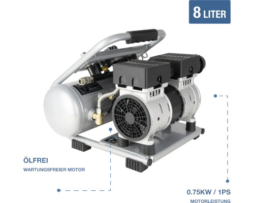 Ölfreier Kompressor mit 8 Liter Tankvolumen, wartungsfreiem Motor und einer Leistung von 0,75 Kilowatt.