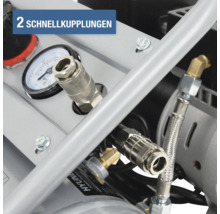 Detailansicht eines Kompressors mit zwei Schnellkupplungen aus Metall und einem Manometer.