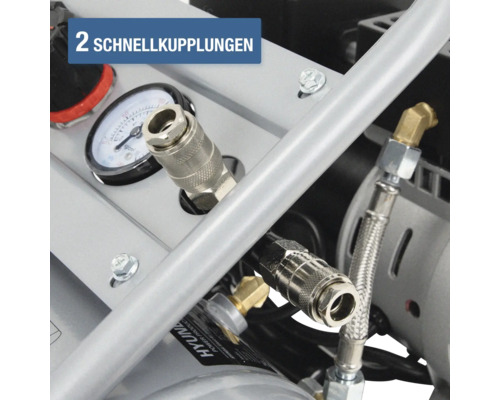 Detailansicht eines Kompressors mit zwei Schnellkupplungen aus Metall und einem Manometer.