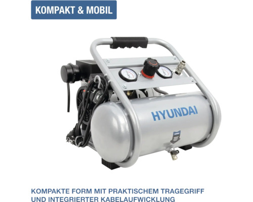 Kompakter, mobiler Hyundai Kompressor mit Tragegriff, integrierter Kabelaufwicklung und zwei Manometern.