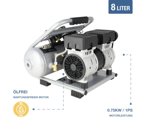 Ölfreier Kompressor mit 8 Liter Tank, wartungsfreiem 0,75 Kilowatt Motor und praktischem Tragegriff.