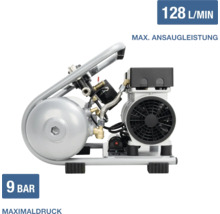 Tragbarer Kompressor mit einer maximalen Ansaugleistung von 128 Litern pro Minute und einem Maximaldruck von 9 Bar.