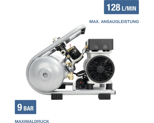 Tragbarer Kompressor mit einer maximalen Ansaugleistung von 128 Litern pro Minute und einem Maximaldruck von 9 Bar.