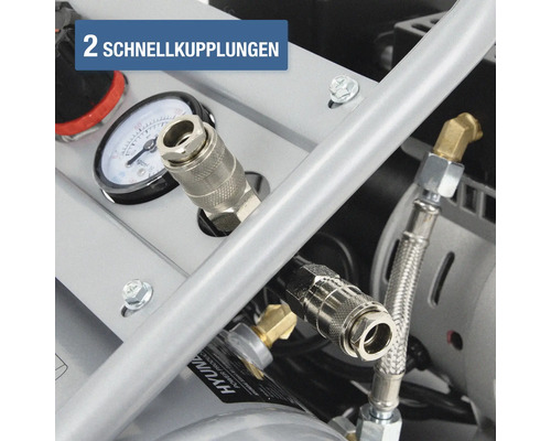 Detailansicht eines Kompressors mit zwei Schnellkupplungen und einem Manometer.