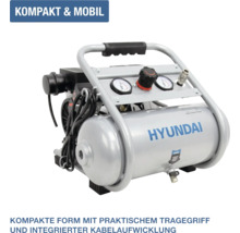 Hyundai Kompressor, kompakt und mobil, mit Tragegriff, integrierter Kabelaufwicklung und zwei Manometern.