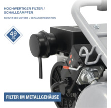 Hochwertiger Filter und Schalldämpfer im Metallgehäuse für Motorschutz und Geräuschreduktion, 49 Dezibel bei 7 Meter Abstand.