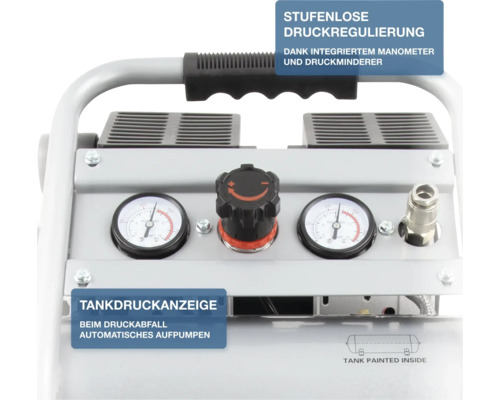 Bedienfeld eines Kompressors mit zwei Manometern, einem Druckregler sowie Hinweisen zur stufenlosen Druckregulierung und Tankdruckanzeige.