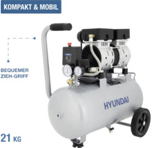 Mobiler Hyundai Kompressor mit Transportgriff und Rädern, Gewicht 21 Kilogramm, kompakte Bauweise.
