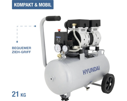 Mobiler Hyundai Kompressor mit Transportgriff und Rädern, Gewicht 21 Kilogramm, kompakte Bauweise.