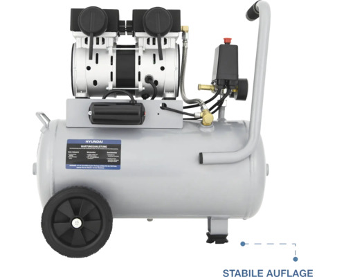 Hyundai Luftkompressor mit Zweizylinder-Aggregat, horizontalem Druckbehälter, Rädern und Transportgriff.