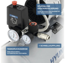 Nahaufnahme der Steuereinheit eines Kompressors mit zwei Manometern für Tank- und Arbeitsdruck, einem Druckregler und einer Schnellkupplung.