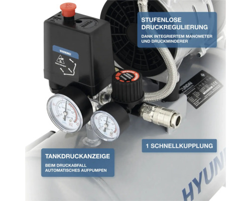 Nahaufnahme der Steuereinheit eines Kompressors mit zwei Manometern für Tank- und Arbeitsdruck, einem Druckregler und einer Schnellkupplung.