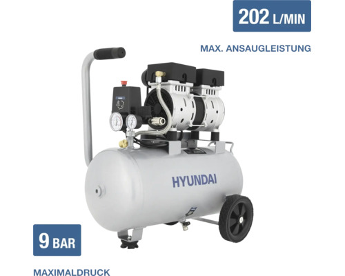 Mobiler Hyundai Druckluftkompressor mit 202 Liter pro Minute maximaler Ansaugleistung und 9 bar Maximaldruck.