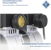 Hochwertiger Luftfilter und Schalldämpfer für Motoren zur Geräuschreduzierung auf 67 Dezibel in 7 Metern Entfernung mit austauschbarem Filterelement.