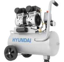 Hyundai Druckluftkompressor mit Rädern, horizontalem silbernem Kessel, Handgriff und zwei Manometern.