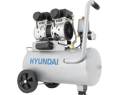 Hyundai Druckluftkompressor mit Rädern, horizontalem silbernem Kessel, Handgriff und zwei Manometern.