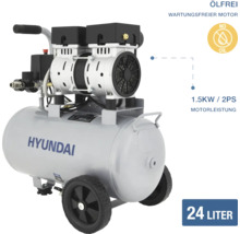 Hyundai Luftkompressor mit 24 Liter Kessel, 1,5 Kilowatt und 2 Pferdestärken Motorleistung, ölfrei und wartungsfrei.