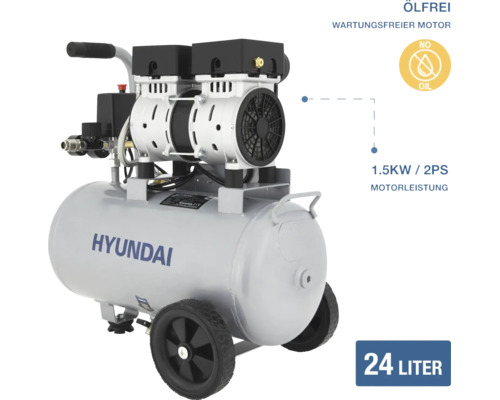 Hyundai Luftkompressor mit 24 Liter Kessel, 1,5 Kilowatt und 2 Pferdestärken Motorleistung, ölfrei und wartungsfrei.