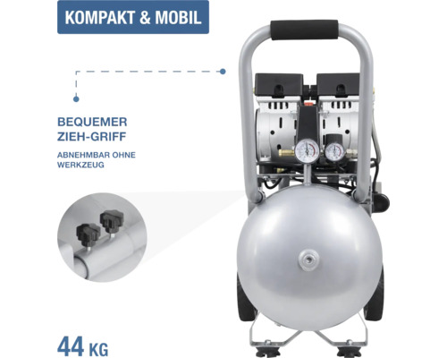 Mobiler Kompressor mit Rädern, werkzeuglos abnehmbarem Ziehgriff, Manometern und einem Gewicht von 44 Kilogramm.