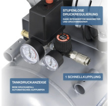 Kompressor mit stufenloser Druckregulierung, Manometer, Druckminderer, Tankdruckanzeige mit automatischem Aufpumpen und einer Schnellkupplung.