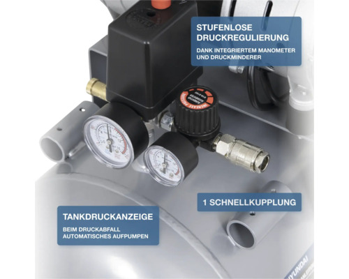 Kompressor mit stufenloser Druckregulierung, Manometer, Druckminderer, Tankdruckanzeige mit automatischem Aufpumpen und einer Schnellkupplung.
