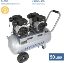 Hyundai Druckluftkompressor, ölfrei, 50 Liter Tank, 2.2 Kilowatt, 3 Pferdestärken, wartungsfreier Motor, fahrbar, Hyundai Logo.