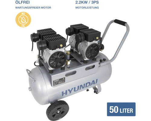 Hyundai Druckluftkompressor, ölfrei, 50 Liter Tank, 2.2 Kilowatt, 3 Pferdestärken, wartungsfreier Motor, fahrbar, Hyundai Logo.