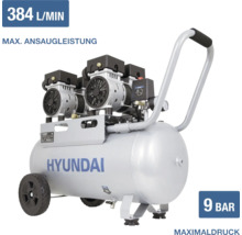 Hyundai Kompressor mit 384 Litern pro Minute Ansaugleistung und 9 bar Maximaldruck, zwei Motoren, fahrbar auf Rollen.