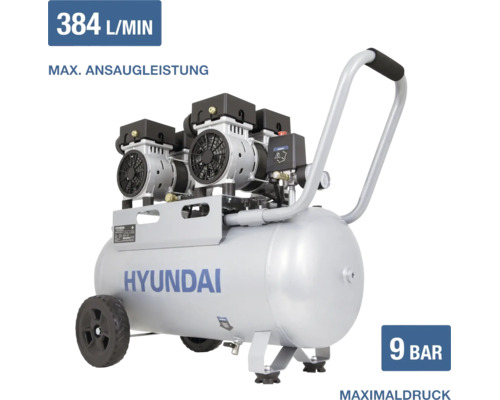 Hyundai Kompressor mit 384 Litern pro Minute Ansaugleistung und 9 bar Maximaldruck, zwei Motoren, fahrbar auf Rollen.