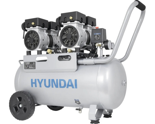 Mobiler Hyundai Druckluftkompressor mit zwei Motoreinheiten, liegendem Druckbehälter, Rädern und Schubbügel.