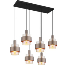 6-flammige Pendelleuchte mit rechteckiger, schwarzer Halterung, bronzefarbenen Metallschirmen und geriffeltem Glas.