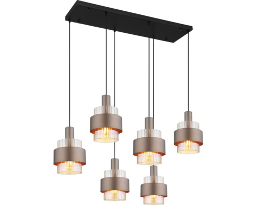 6-flammige Pendelleuchte mit rechteckiger, schwarzer Halterung, bronzefarbenen Metallschirmen und geriffeltem Glas.