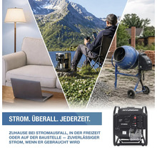 Hyundai Stromerzeuger im Einsatz zu Hause mit Laptop, in der Freizeit am See mit Kaffeemaschine und auf der Baustelle mit Betonmischer.