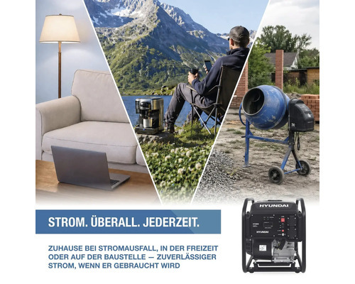 Hyundai Stromerzeuger im Einsatz zu Hause mit Laptop, in der Freizeit am See mit Kaffeemaschine und auf der Baustelle mit Betonmischer.