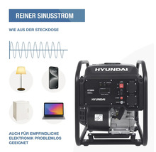 Hyundai Inverter Stromerzeuger HY3800i mit reinem Sinusstrom, geeignet für empfindliche Elektronik wie Laptops und Smartphones.